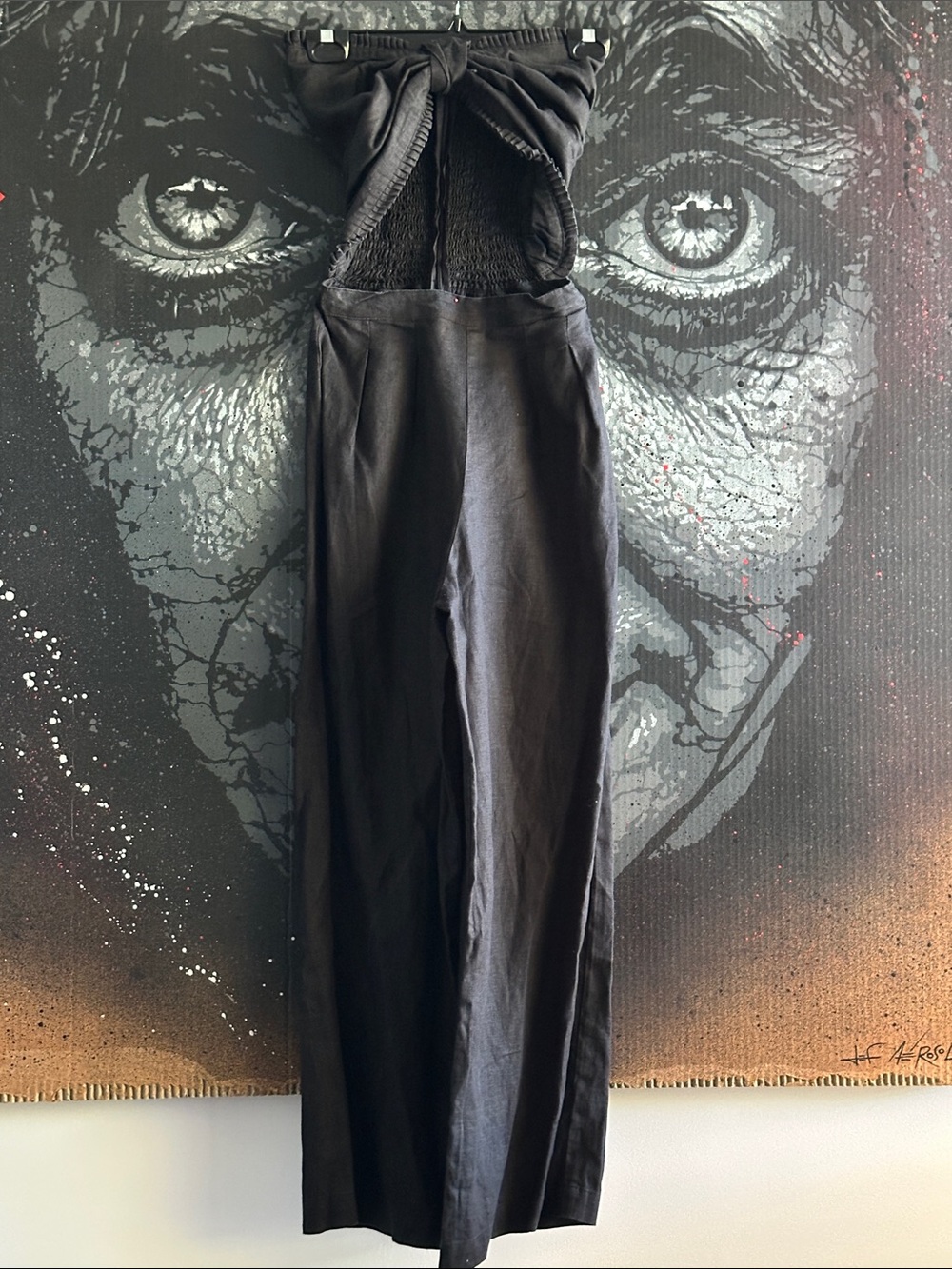 Posse Black Strapless Knot-Front Linen Jumpsuit